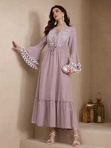 Al Najma New Bohemian Style Embroidered V-Neck Tassel Waist Flared Dress, Slimming - Pink - View 6