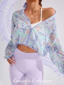 SHEIN Sovereign Charm 女士高领透视性感外套，带口袋，休闲运动跑步健身户外活动长袖外套 - 藍色 - 查看 3