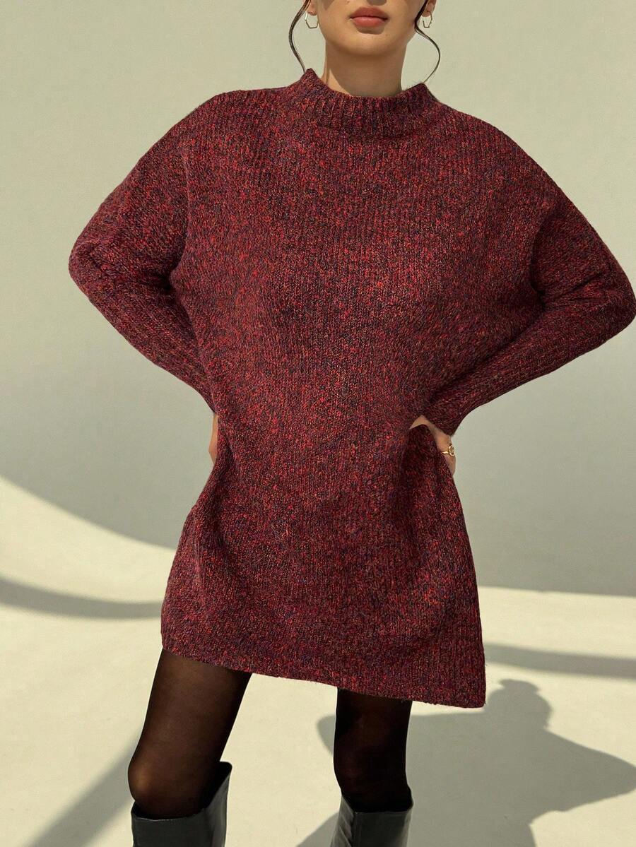 Aloruh 渐变棕色年轻女士音乐节雪纺渐变蝙蝠袖高领毛衣连衣裙，适合秋冬季穿着 - 酒紅色 - 查看 1
