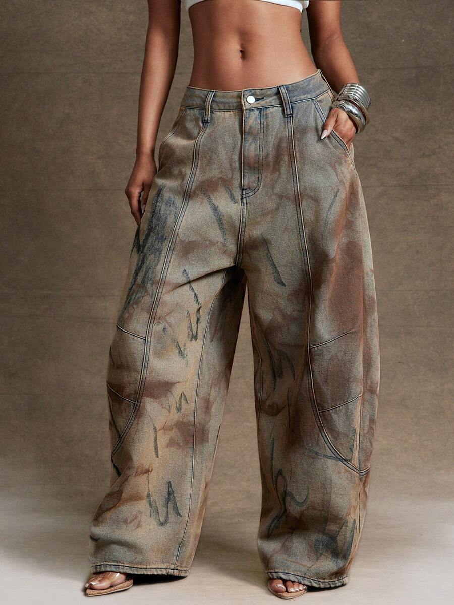 Denimoi Wide Barrel Leg Unique Washed Denim Jeans Fashionable Streetwear - Medium Wash - View 1