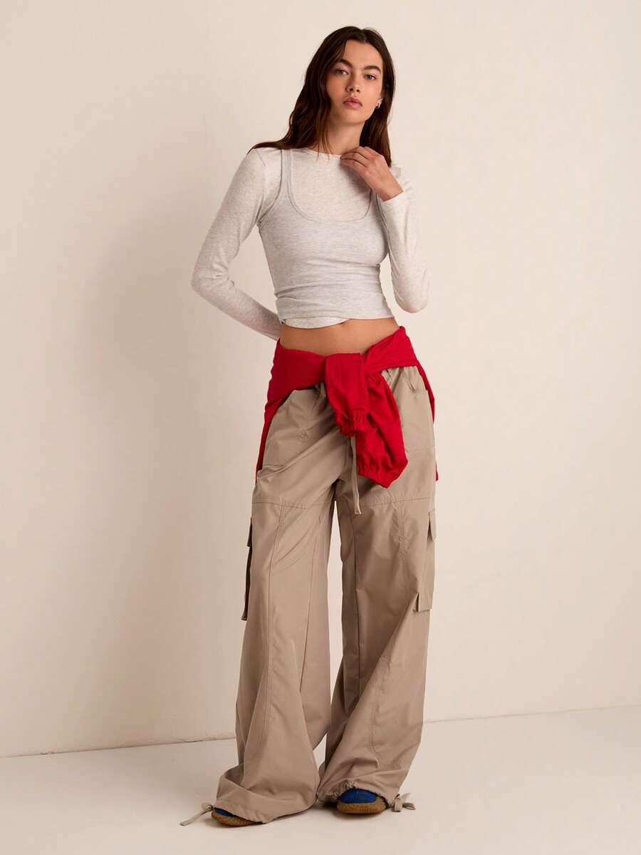 Easelle Solid Color Drawstring High Waist Wide Leg Cargo Pants - Khaki - View 1