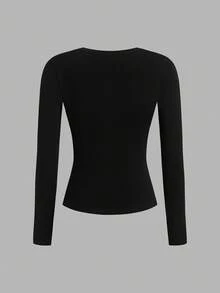 Tseoso Bộ 2 áo thun dài tay cổ tròn, dáng ôm, màu đen, chất liệu 95% cotton, thích hợp cho nữ, phù hợp cho mùa thu/đông. - màu đen - Xem 6