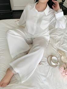 Dazy Plus 2pcs/Set Elegant White Loose Contrast Lace Top And Straight Leg Pants Pajama Set, Plus Size Women Spring/Autumn - White - View 5