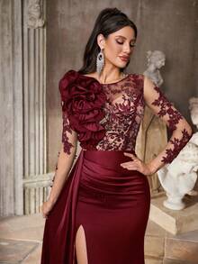 Aureia Elegant Luxurious Sequins Embellished Satin V-Neck Chiffon Extra Long Draped Sleeve Pleated Front Fishtail Formal Shawl, Suitable For All Formal Occasions, Parties, Galas, Weddings, Formal Dinner Dresses - Burgundy - View 7