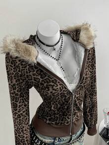 Elamini Áo nỉ nữ màu xám in họa tiết da báo, cổ lông giả, phối túi, có mũ, dáng ôm, thời trang thích hợp đi làm, mặc thường ngày, đi học, ngày Nhà giáo, đa năng cho mùa thu/đông. - màu nâu - Xem 6