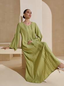 Graceveil V-Neck Straight Sleeve Striped Light Green Dress - Green - View 9