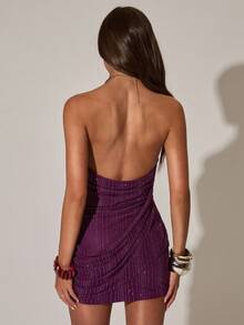 SHEIN BAE 女士金属质感领口装饰性感迷你连衣裙，适合度假、朋友聚会、Y2K风格、性感炸弹裙 - 中紫紅色 - 查看 2