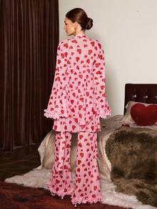 Slumberist 3pcs Sexy Red Heart Print Lace-Up Robe, Mesh Camisole And Shorts Set Red Heart Print Sleepwear Heart Print Pajama Set Two Piece Sleepwear Set Pink Heart Pajamas Pajamas Set Two Piece - Pink - View 2