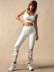 VARSIVA 女士纯色褶皱交叉露脐上衣和紧身裤运动套装 - 白色 - 查看 4