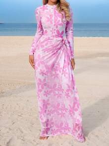 Swim Mulvari Spring/Summer Women's New Pink Floral Print 4-Piece Set: One-Piece Swimsuit With Sheer Skirt, Long Sleeve Top, And Slim Fit Pants, Modest Yet Fashionable Vacation Burkini Long Beach Dress Resort Wear Women Pink Floral Maxi Dress Long Sleeve Maxi Dresses Orchid Dress - Pink - View 2