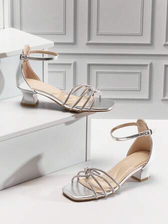 Mini mi Girls' Sparkly Silver Kitten Heel Sandals With Rhinestone Straps & Ankle Buckle – Perfect For Party & Pageant