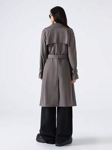 SHEIN EZwear 女士翻领双排扣长袖防皱时尚风衣，秋冬款 - 灰色 - 查看 2