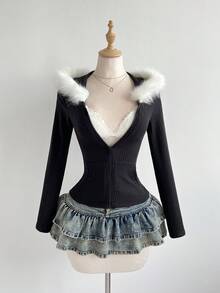 Elamini 女士白色针织抓绒罗纹仿毛领长袖修身短款拉链连帽卫衣，休闲时尚，百搭实用，适合通勤、上学、运动、日常穿着、约会以及秋冬季穿着。 - 黑色 - 查看 3