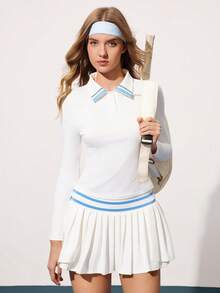 CourtClass Casual Versatile White Button Collar Contrast Blue Stripe Design Slim Fit Long Sleeve Sports Polo Shirt - White - View 3