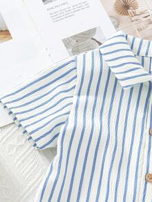 SHEIN Baby Boy Casual Striped Button-Front Pocket Short Sleeve Romper, Summer - Baby Blue - View 7