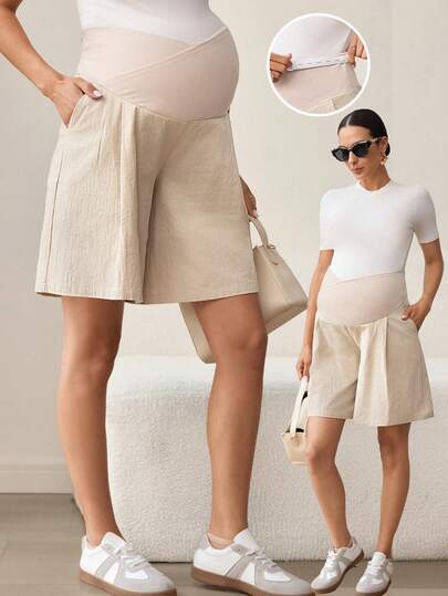 MaterniWear Spring /Summer Outfit Women ,Office,Business  Maternity Work Clothes Maternity Elegant Maternity  Adjustable Waist Pocket Casual Shorts For Pregnant Women, Suitable For Daily Wear,Old Money Style,Maternity Commuter Shorts