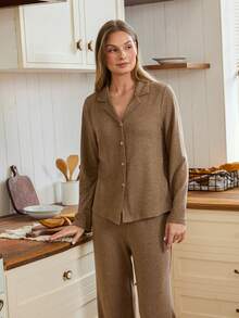 SHEIN Doze Lane Women's Turndown Collar Knit Brushed Long Sleeve Pajama Set, Autumn/Winter Brown Pajama Set Sleep Wear Women Button Front Brown Pj Set Button Down Pajamas For Women Coffee Pajamas - Brown - View 3