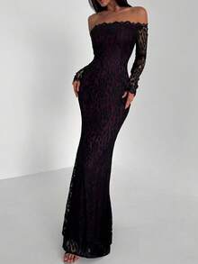 Aloruh Đầm bodycon dài tay dáng đuôi cá gợi cảm, trễ vai, ren, thích hợp cho tiệc cocktail và hẹn hò ngày Valentine. - Màu tím - Xem 6