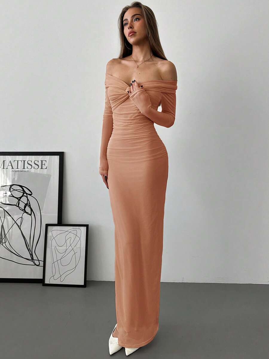 Aloruh Off-Shoulder Mesh Twist Ruched Dress, Romantic Date Night Gown With Long Sleeves - Dusty Pink - View 1