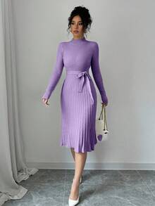 Selianne 女士优雅纯色罗纹针织连衣裙，秋季 - 淡紫色 - 查看 4