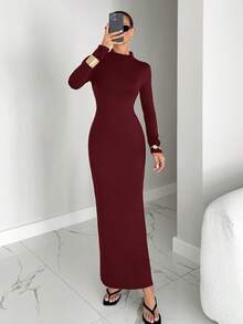 Siren Gaze Women's Solid Color Ring Decor Backless Fitted Long Sleeve Dress Spring Valentine's Day Party Elegant Red Wedding - Burgundy - View 5