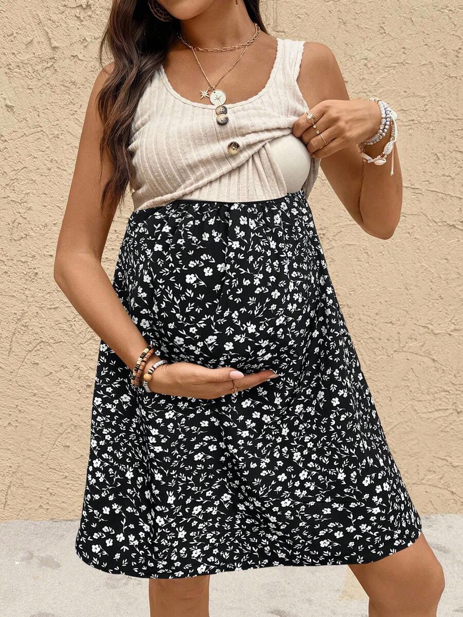 SHEIN Vestido de maternidad y lactancia con cuello de barco y estampado floral sin mangas - Negro - Ver 1
