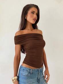 Aloruh Coffee Brown Asymmetrical Shoulder Knit Top - Coffee Brown - View 7
