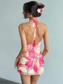 Aloruh Đầm ôm sát ngắn hở lưng cổ chữ V sâu, họa tiết hoa vàng nhuộm tie-dye, phong cách nghỉ mát châu Âu và Mỹ mùa hè tươi mới. - Màu Hồng baby - Xem 2