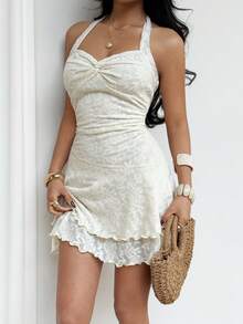 Sunnyshic Women's Spring/Summer Island Vacation Goddess Style Layered Ruffle Waist Cinching Sexy Spaghetti Strap Dress - Apricot - View 4