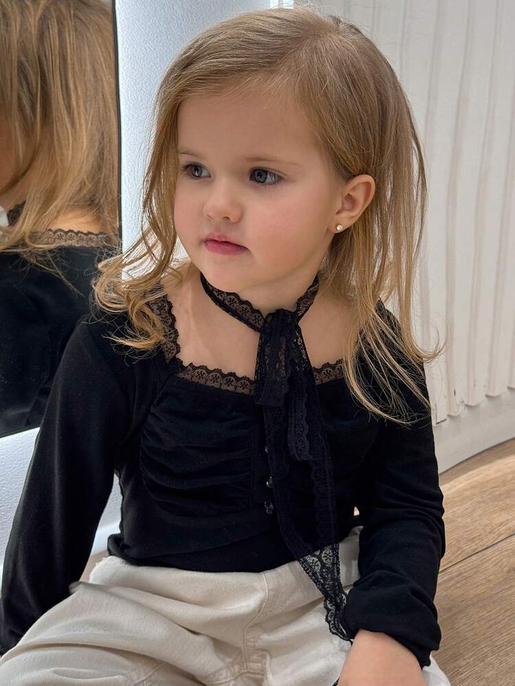 Young Girl Solid Color Lace Patchwork Ruffle Button Design Long Sleeve T-Shirt
