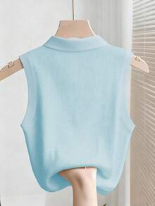 SHEIN Franclia 女士时尚优雅休闲纯色背心 - 藍色 - 查看 2
