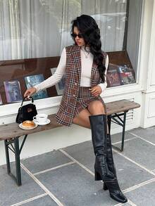 SHEIN Frenchy 女士时尚格子双排扣背心和裙子两件套 - 棕色 - 查看 7