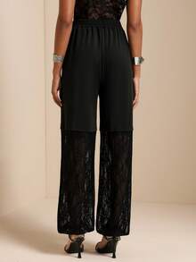 Vesra Pantalones de longitud hasta el tobillo de unicolor con encaje de contraste para mujer - Negro - Ver 2