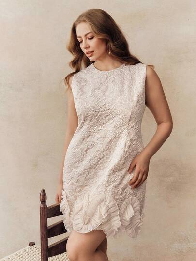 Anewsta Plus Size Women Elegant Floral Textured Fabric Ruffle Hem Round Neck Sleeveless A-Line Mini Dress