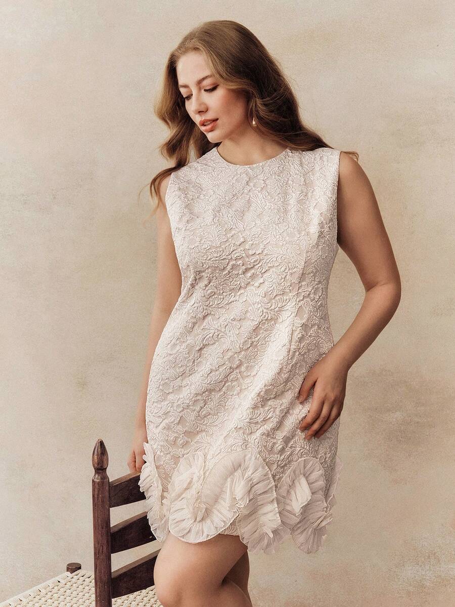Anewsta Plus Size Women Elegant Floral Textured Fabric Ruffle Hem Round Neck Sleeveless A-Line Mini Dress Jacquard Dress - Apricot - View 1