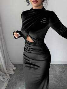 Rafferiza 女士优雅性感修身连衣裙，长袖立领修身天鹅绒面料侧开衩深蓝色连衣裙，秋冬款 - 黑色 - 查看 6