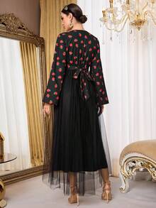 Al Najma Women's Floral Print Square Neck Long Sleeve Arabic Style Dress - Multicolor - View 6