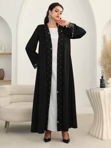 Al Najma 女士蕾丝边仿珍珠装饰时尚百搭度假阿拉伯长袍 - 黑色 - 查看 7