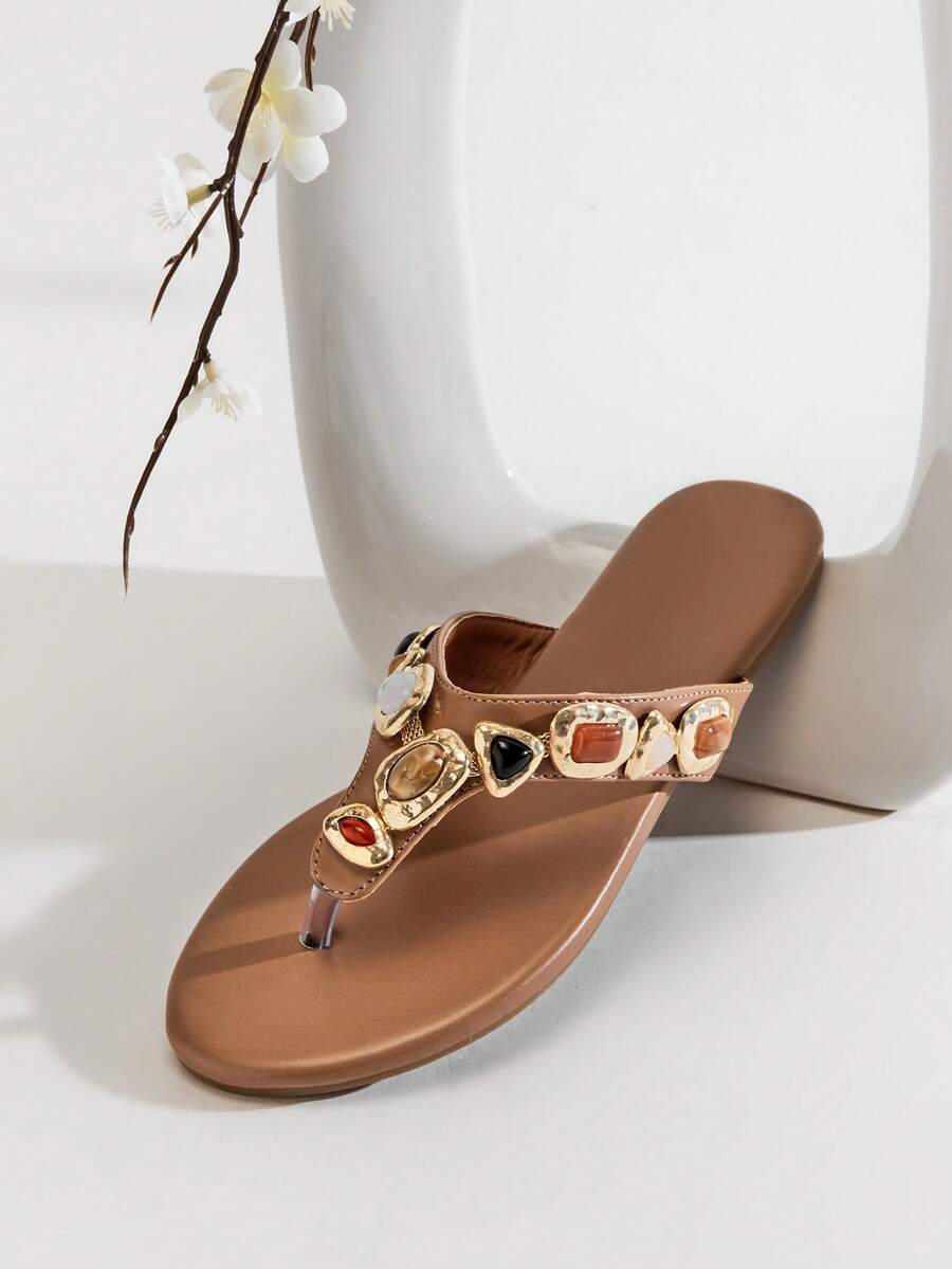 SHUZIA Glamorous Ladie's Tan Multi Color Gems, Thong Sandal Comfort Holiday Walking Chic Spring Summer Beach Fun Valentine's Day - Maroon - View 1