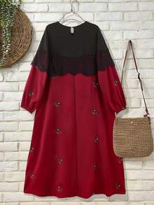 SHEIN Franclia Đầm dài thanh lịch cổ tròn thêu ren phối nhiều mảnh dành cho nữ - Đỏ - Xem 2