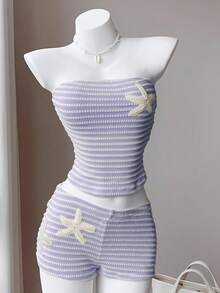 Comfortcana 女士夏季沙滩度假紫色薰衣草条纹印花海星刺绣抹胸上衣和短裤套装 - 紫丁香色 - 查看 7