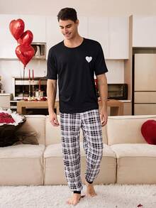 CoupledUp Men's Plaid Print Heart & Milk Silk Casual Short Sleeve Pajama Set - Black - View 5