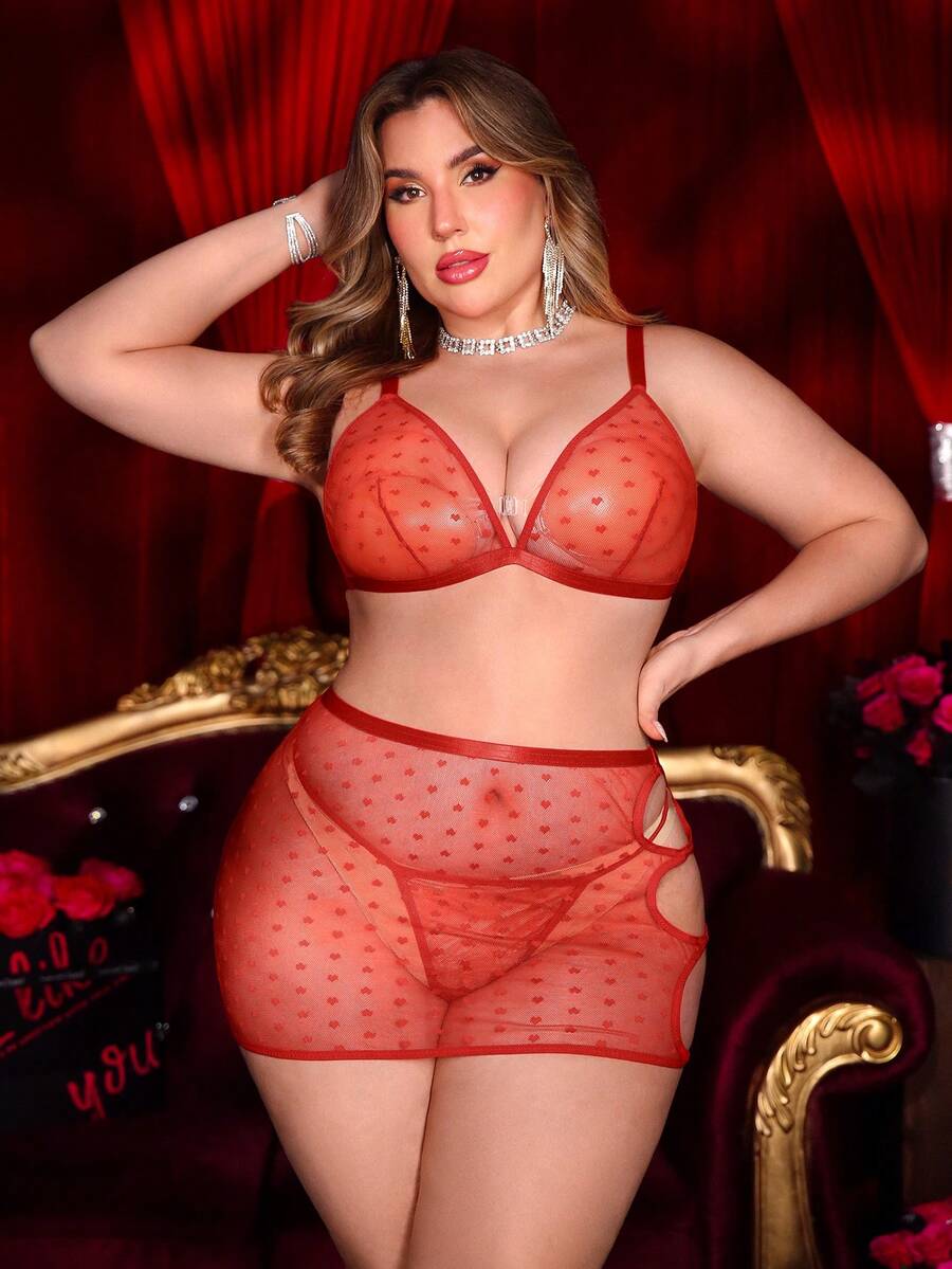 SHEIN 3pcs Plus Size Lace Sexy Lingerie Set - Red - View 1