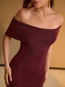 MOTF PREMIUM VESTIDO LARGO DE PUNTO AJUSTADO CON HOMBROS DESCUBIERTOS Y BAJO DE SIRENA ELÁSTICO PARA MUJER - Burdeos - Ver 4