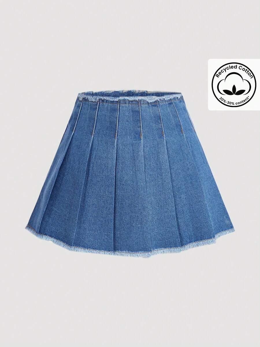 SHEIN MOD 女士休闲水洗褶裥牛仔裙 - 藍色 - 查看 1