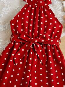 SHEIN 女婴休闲波点无袖连体衣，带小立领 - 紅色 - 查看 4