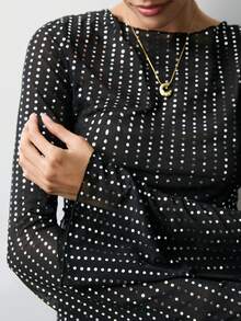 Maija Black Base Silver Polka Dot Fitted Waist Flare Sleeve Round Neck Minimalist Women Top, Versatile For Holidays And Urban Gatherings - Black - View 10