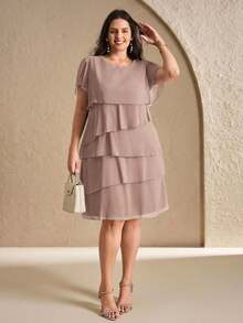 Chikora 大码夏季纯色花瓣袖连衣裙 - 粉色 - 查看 6