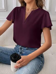 SHEIN Essnce 女士休闲翻领纯色衬衫 - 中紫紅色 - 查看 3