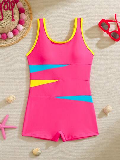 Girls Sporty One Piece Swimsuit, Hot-Selling Cross-Border Beachwear , Featuring Vibrant Splicing Colors And Comfortable Stretch Fit. Designed With Chlorine-Resistant  Fabric For Long-Lasting Wear And  Sun Protection, Perfect For Swimming, Beach, And Pool Activities.For Summer Vacation And Holiday 12 Year Old Bathing Suit Bright Colors Tween One Piece Sporty Bathing Suite With Bottoms Bright Colors Swimsuits For Tweens Summer Outfits Girls Swim Suit Girls Color Block Swimsuit Kids Neon Swimsuit Y